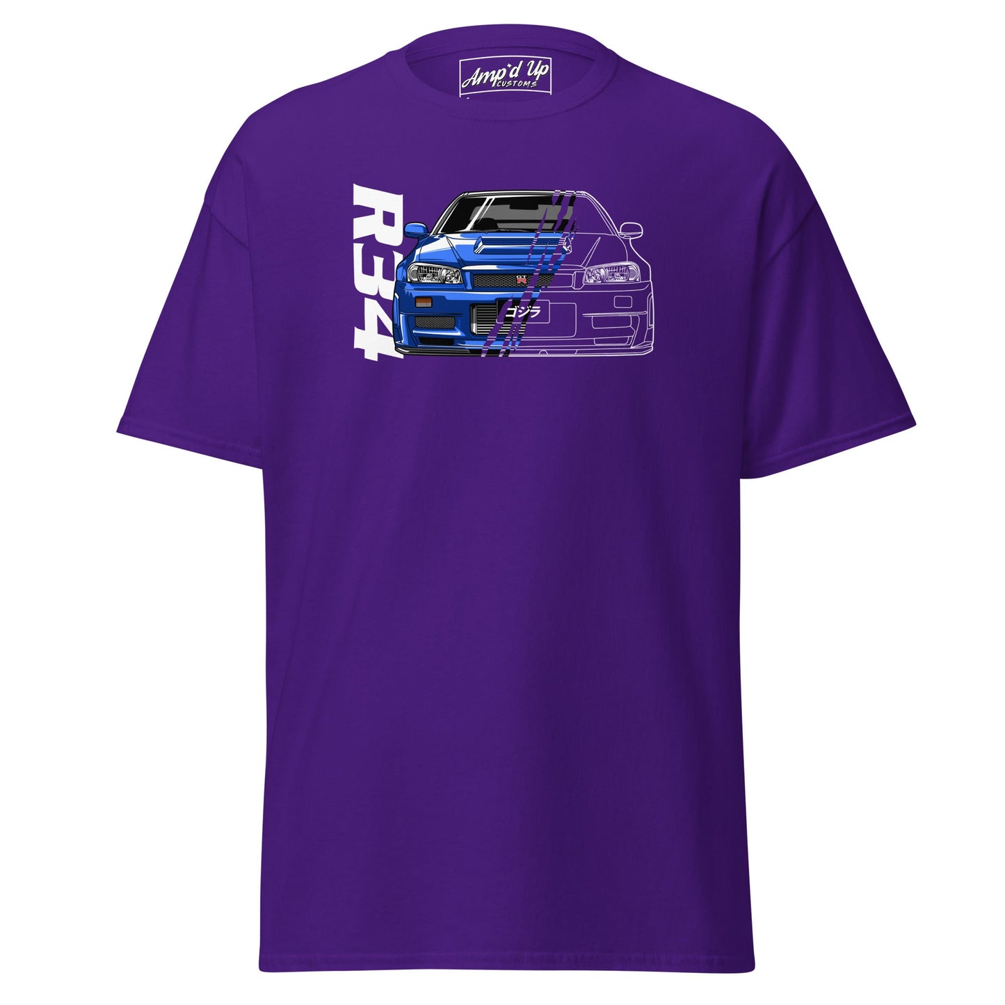 Purple AMP'D UP CUSTOMS R34 Skyline T-Shirt featuring an artistic car graphic