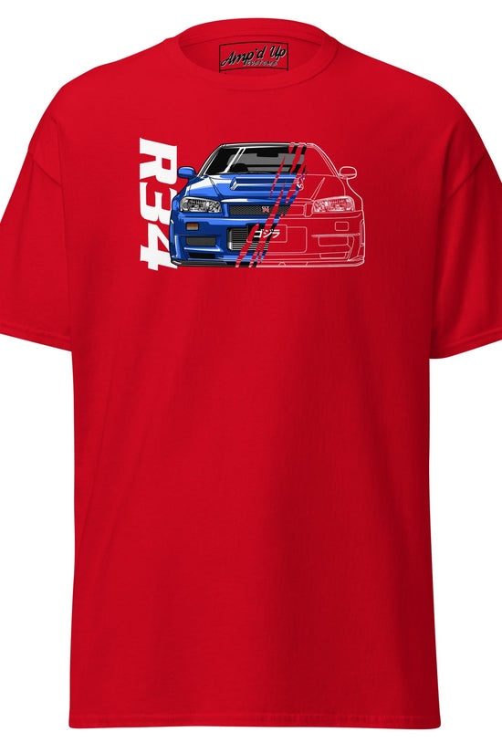 Red R34 Skyline T-Shirt featuring a bold graphic design of the iconic car