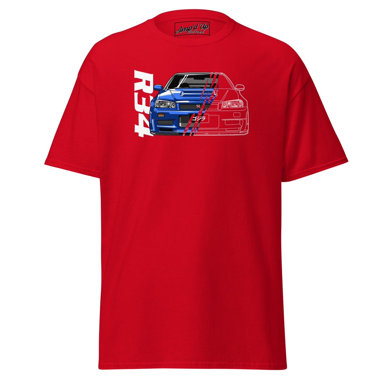 Red R34 Skyline T-Shirt featuring a bold graphic design of the iconic car