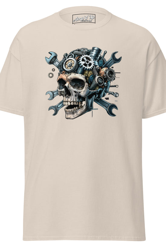 Amp'd Up Custom Skull Mechanic T-Shirt featuring a mechanical skull design with gears and tools