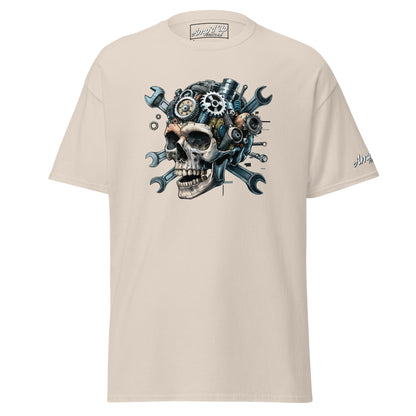 Amp'd Up Custom Skull Mechanic T-Shirt featuring a mechanical skull design with gears and tools