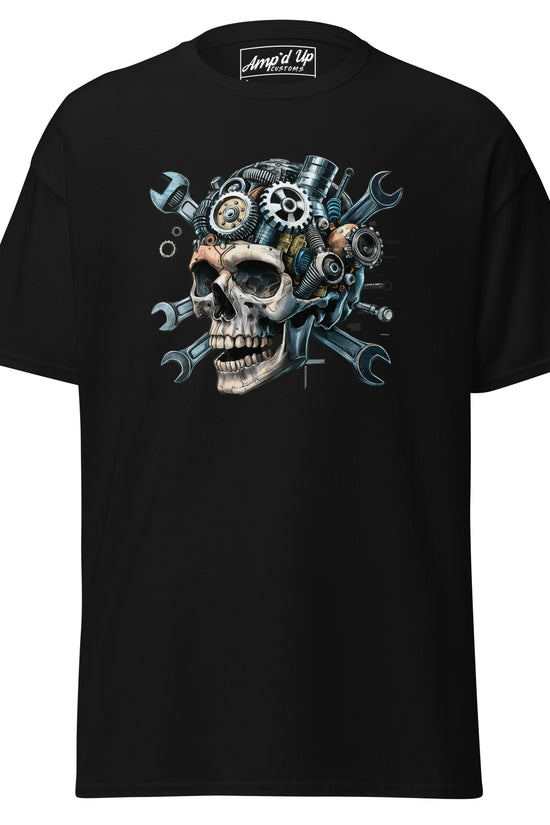 Amp'd Up Custom Skull Mechanic T-Shirt featuring a detailed skull design with gears and tools