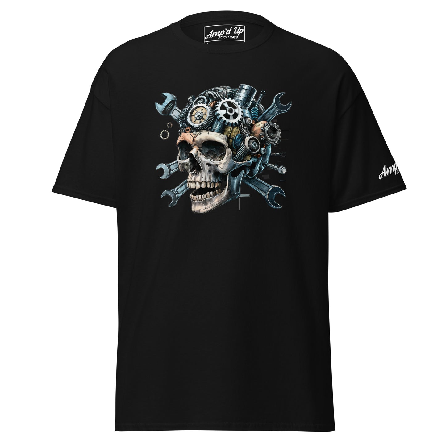 Amp'd Up Custom Skull Mechanic T-Shirt featuring a detailed skull design with gears and tools