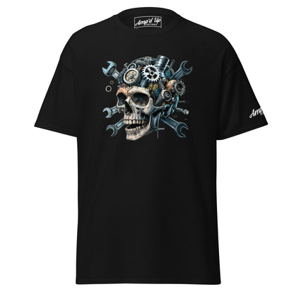 Amp'd Up Custom Skull Mechanic T-Shirt featuring a detailed skull design with gears and tools