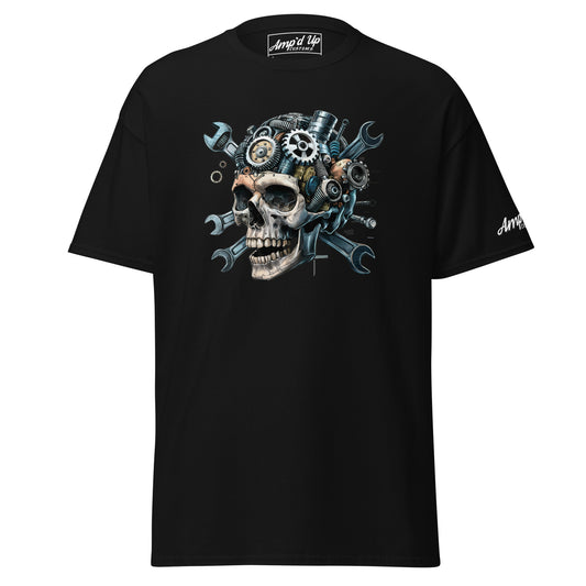 Amp'd Up Custom Skull Mechanic T-Shirt featuring a detailed skull design with gears and tools