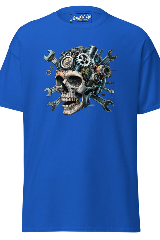 Blue Skull Mechanic T-Shirt featuring a detailed skull design with gears and tools