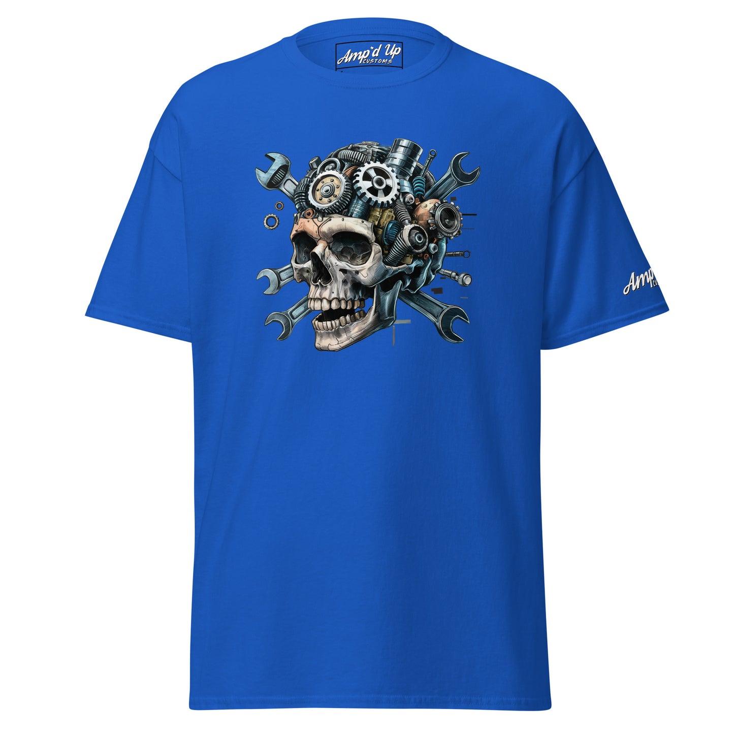 Blue Skull Mechanic T-Shirt featuring a detailed skull design with gears and tools