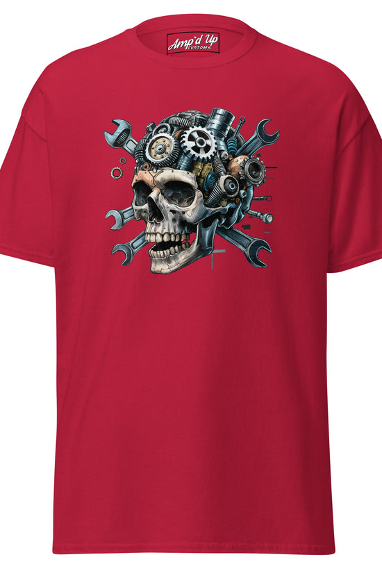Red Skull Mechanic T-Shirt featuring a skull design with gears and wrenches for automotive enthusiasts