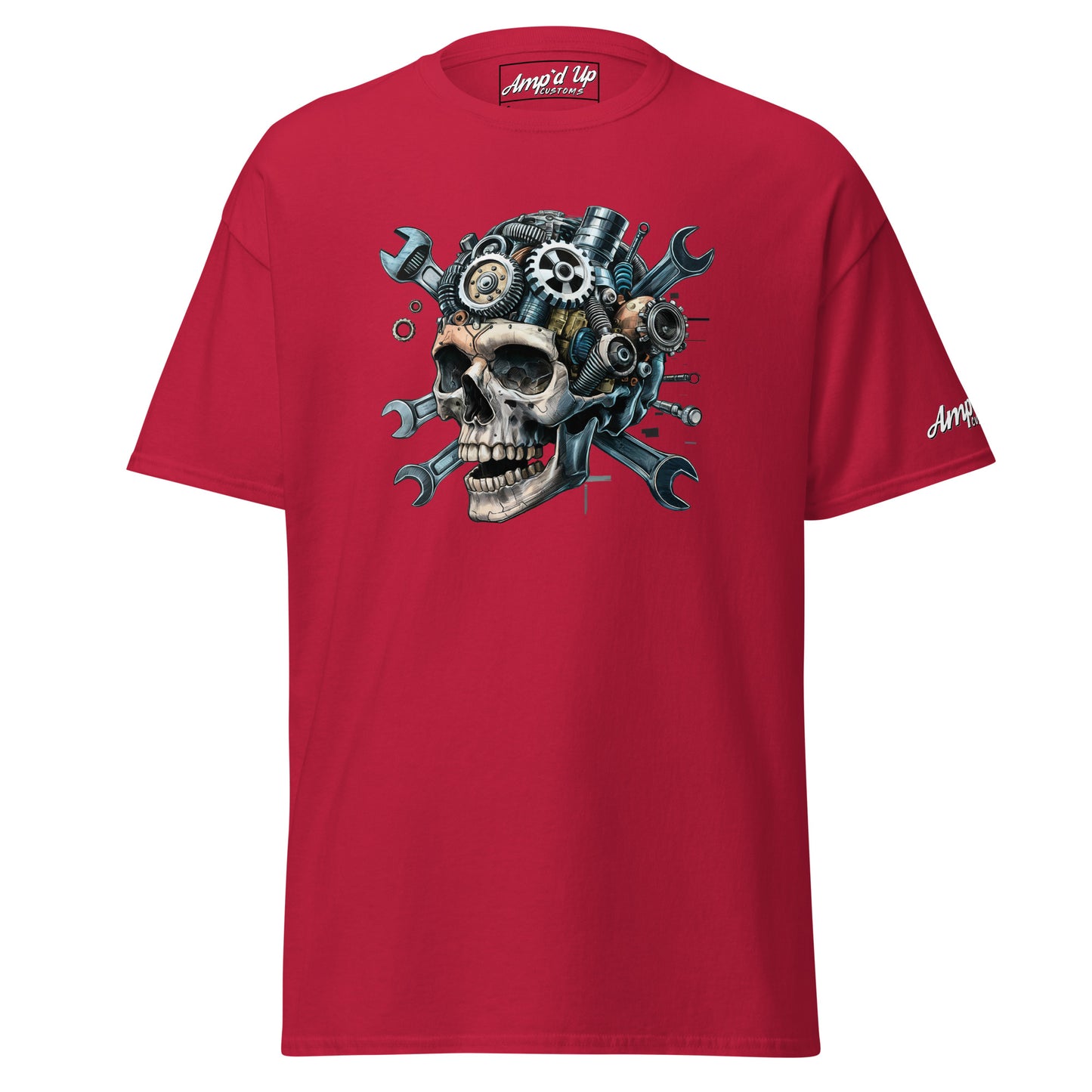 Red Skull Mechanic T-Shirt featuring a skull design with gears and wrenches for automotive enthusiasts