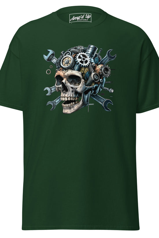 Skull Mechanic T-Shirt in Dark Green featuring Gear and Wrench Design for Mechanics and Skull Art Fans