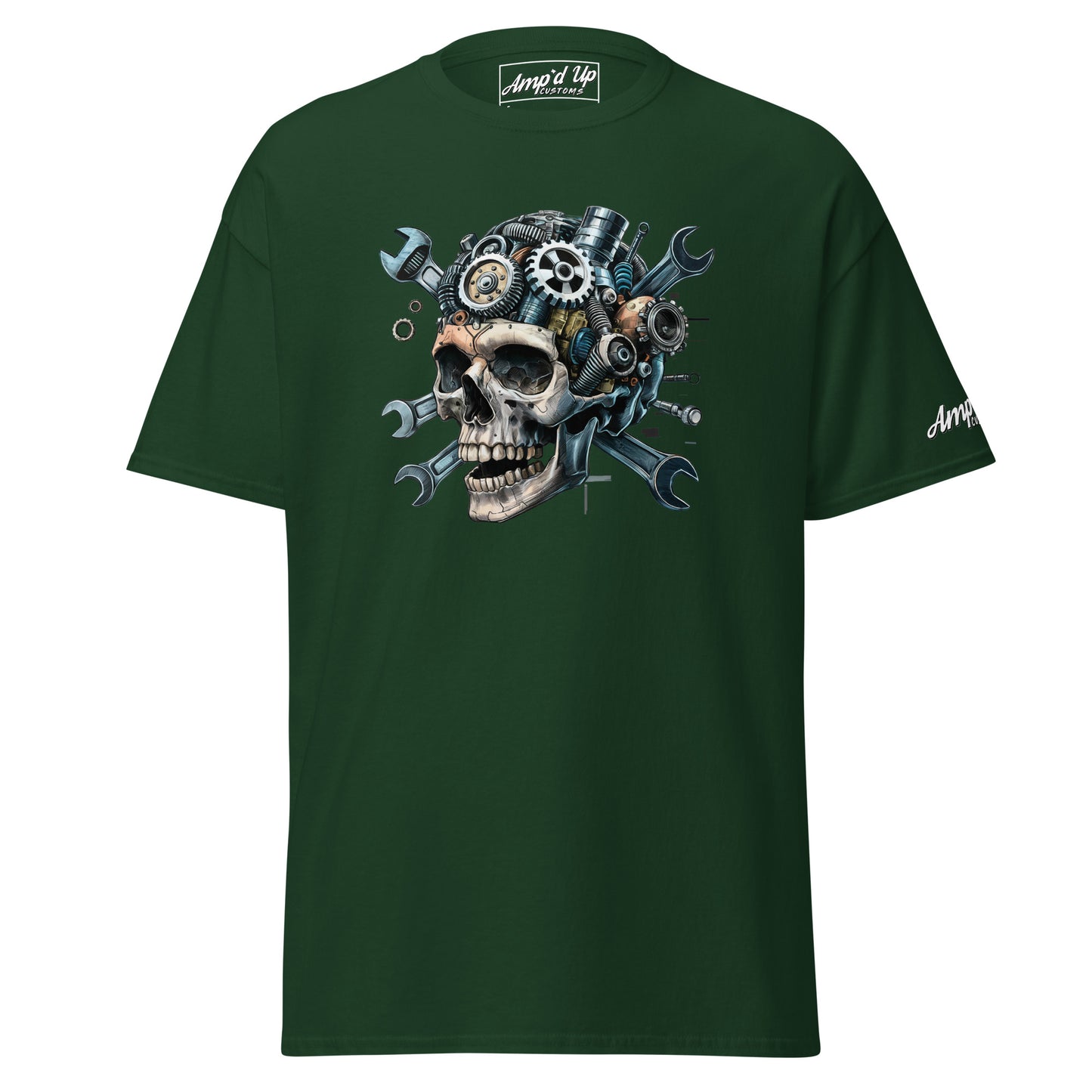 Skull Mechanic T-Shirt in Dark Green featuring Gear and Wrench Design for Mechanics and Skull Art Fans
