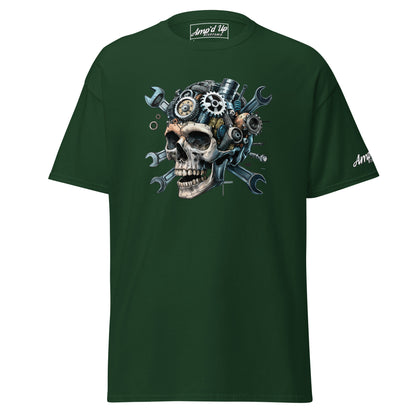 Skull Mechanic T-Shirt in Dark Green featuring Gear and Wrench Design for Mechanics and Skull Art Fans