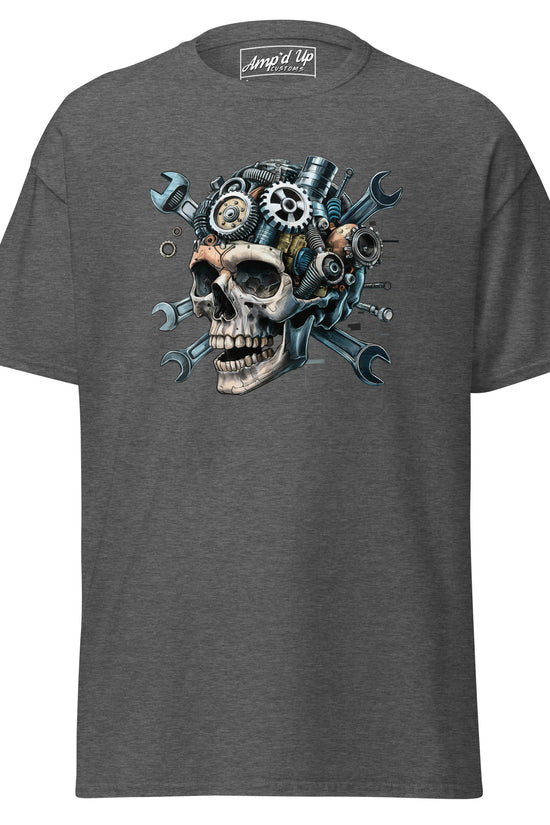 Skull Mechanic T-Shirt featuring a detailed skull design with gears and wrenches on a gray background