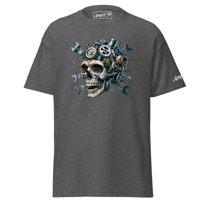 Skull Mechanic T-Shirt featuring a detailed skull design with gears and wrenches on a gray background