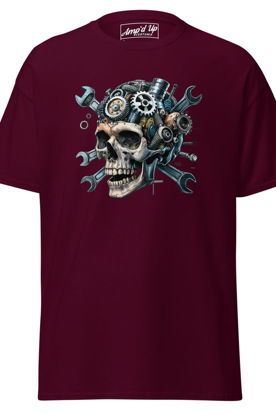 Amp'd Up Custom Skull Mechanic T-Shirt with Gears and Wrenches Graphic Design