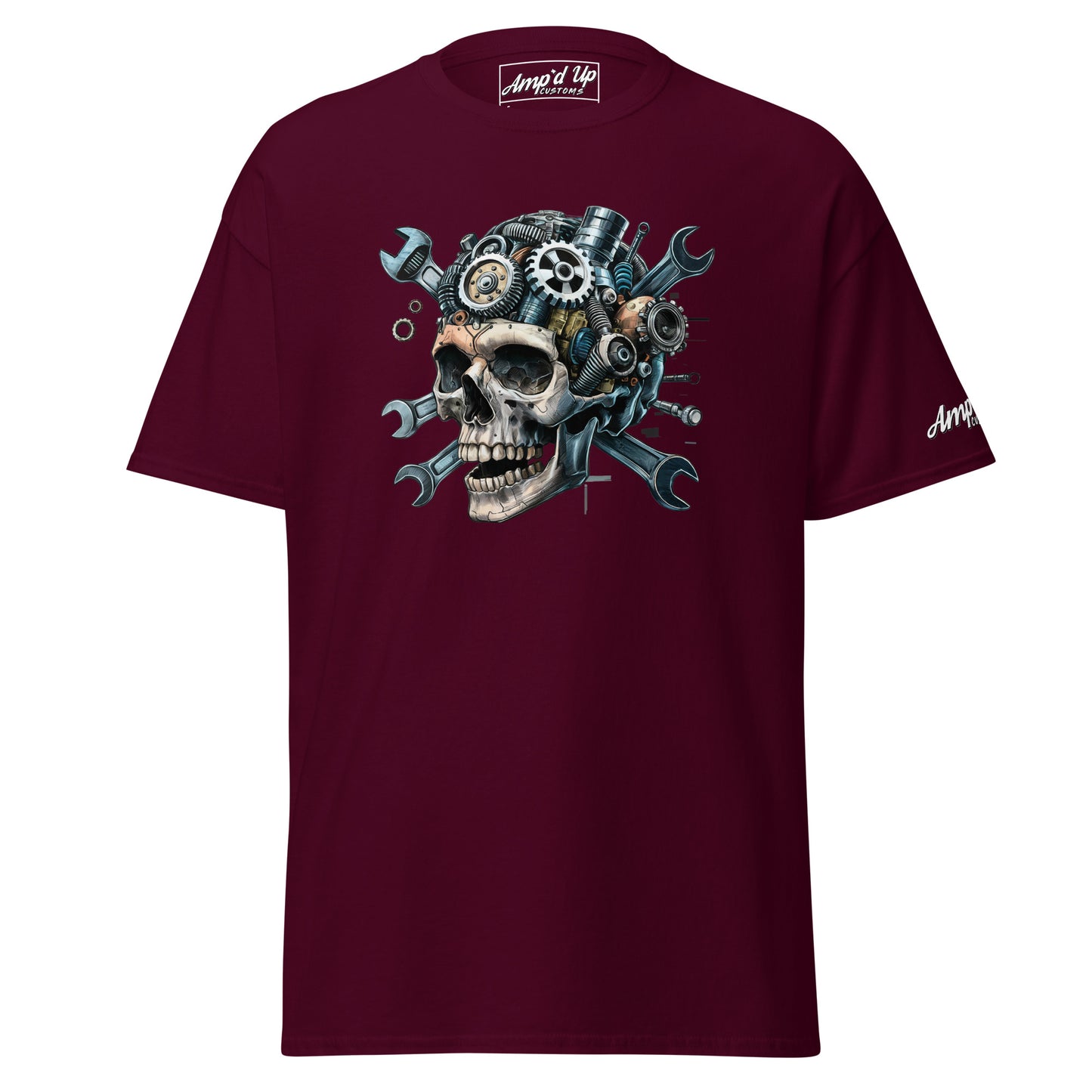 Amp'd Up Custom Skull Mechanic T-Shirt with Gears and Wrenches Graphic Design