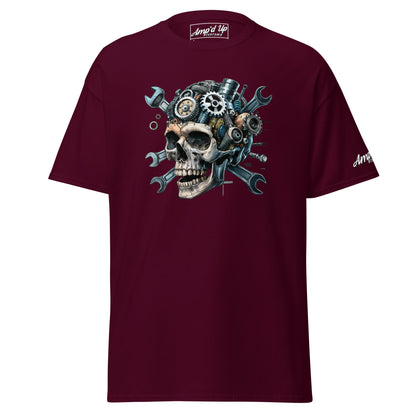 Amp'd Up Custom Skull Mechanic T-Shirt with Gears and Wrenches Graphic Design