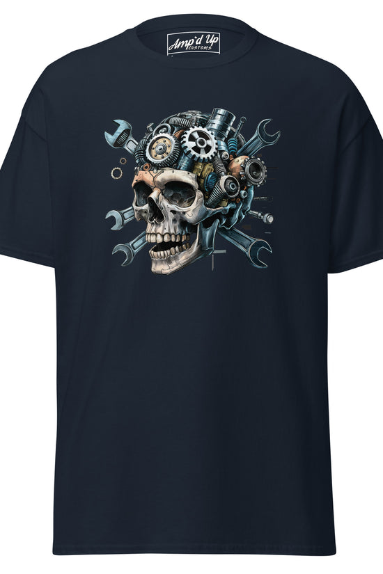 Skull Mechanic T-Shirt featuring a graphic skull design with gears and tools on a dark background