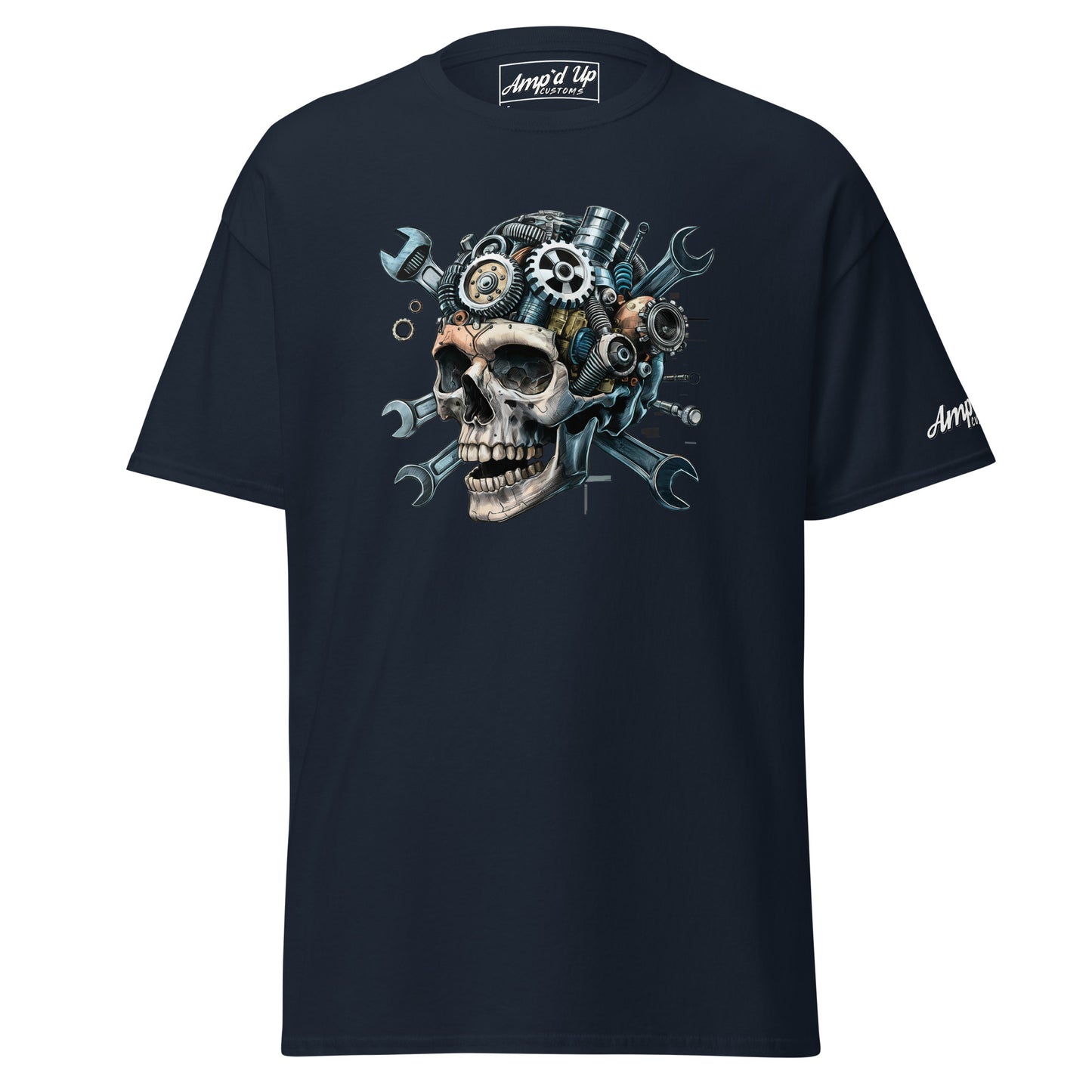 Skull Mechanic T-Shirt featuring a graphic skull design with gears and tools on a dark background