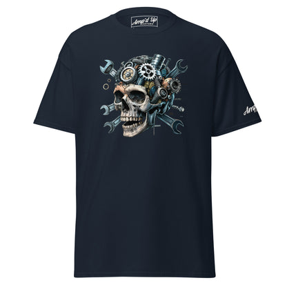 Skull Mechanic T-Shirt featuring a graphic skull design with gears and tools on a dark background