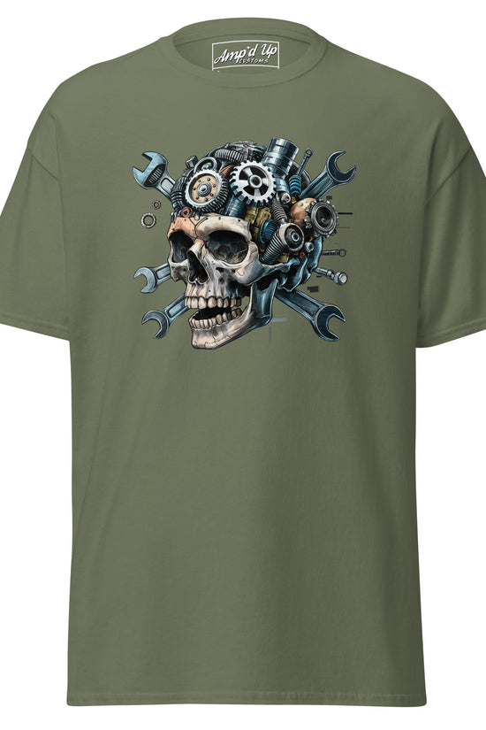 Skull Mechanic T-Shirt in Olive Green featuring a detailed skull design with gears and wrenches