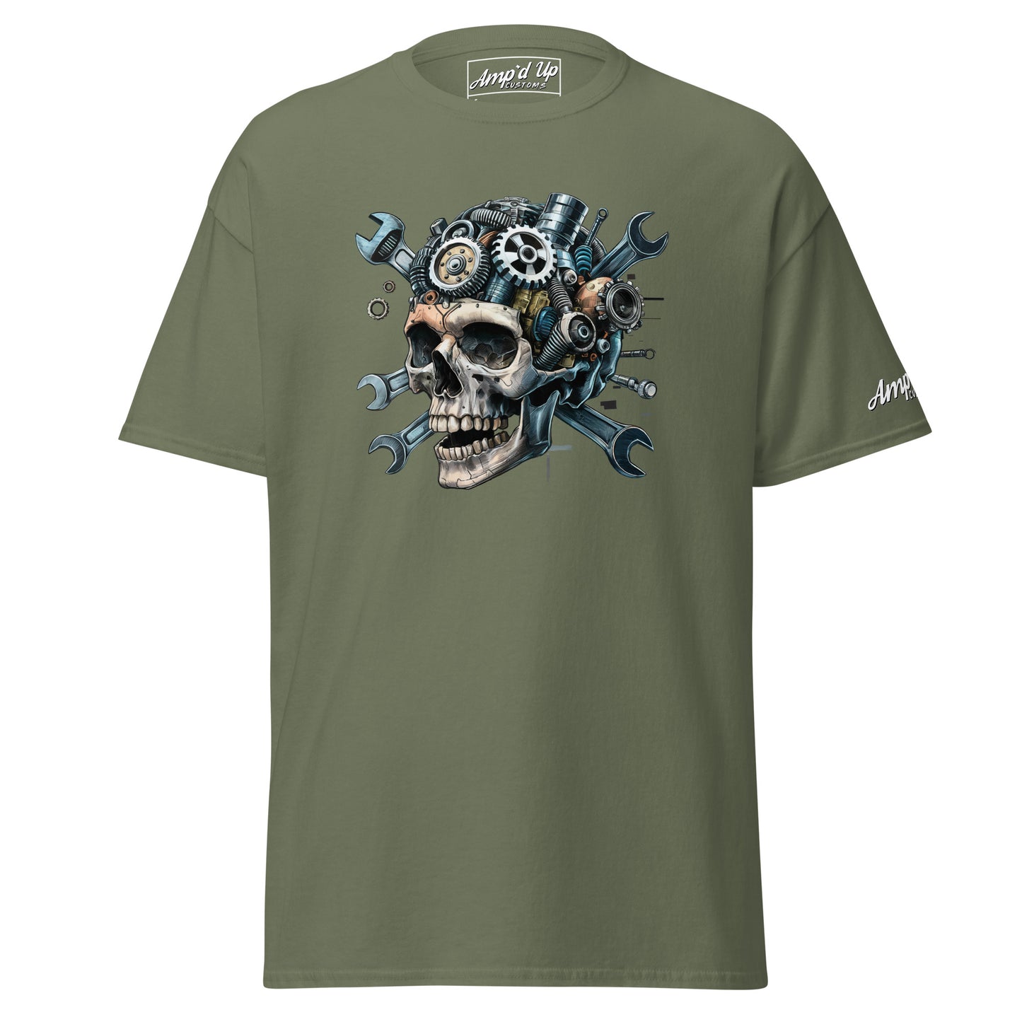 Skull Mechanic T-Shirt in Olive Green featuring a detailed skull design with gears and wrenches