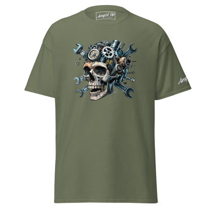 Skull Mechanic T-Shirt in Olive Green featuring a detailed skull design with gears and wrenches