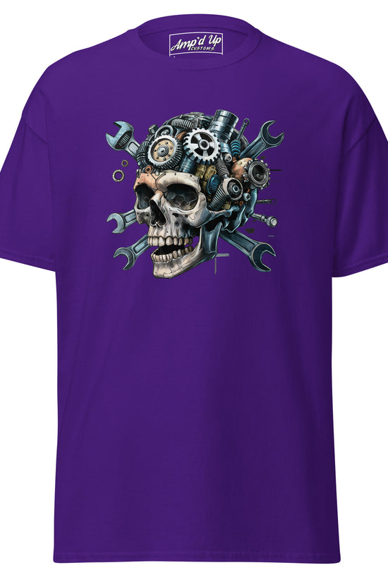 Amp'd Up Custom Skull Mechanic T-Shirt in purple featuring a detailed skull with gears and tools