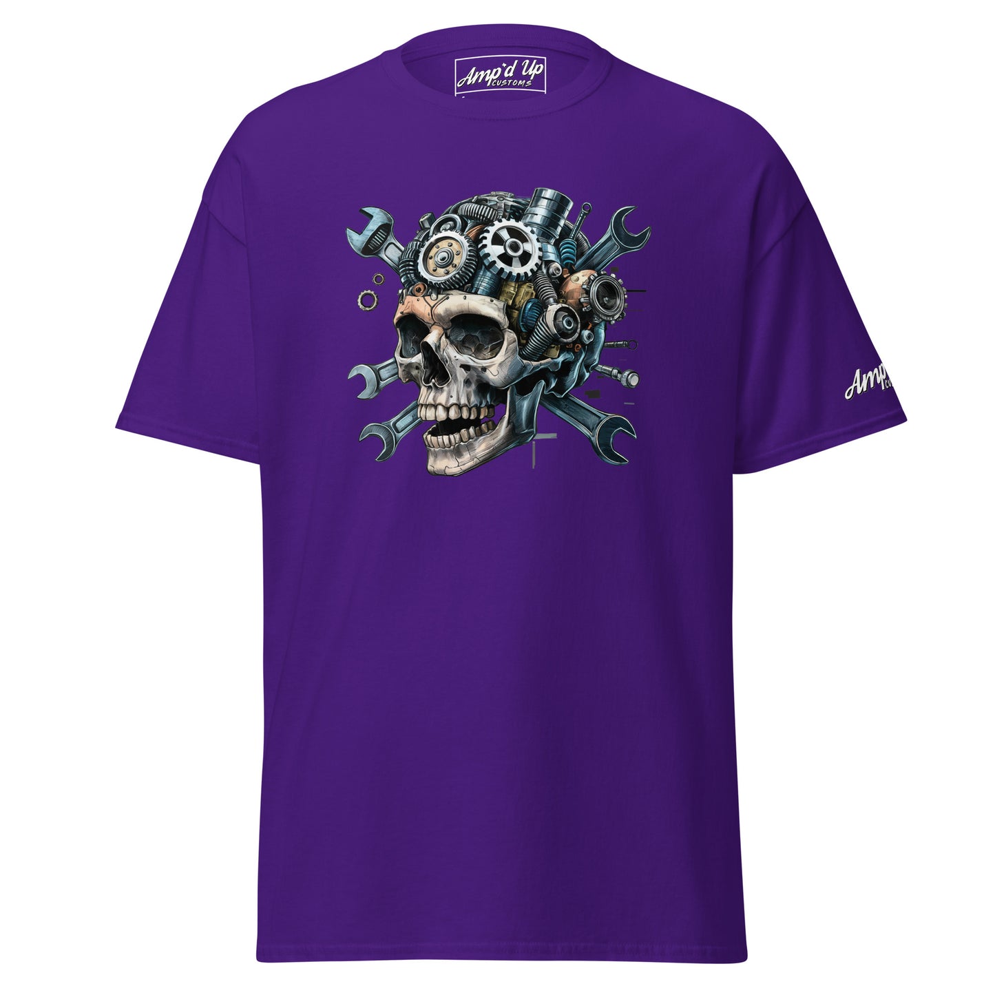 Amp'd Up Custom Skull Mechanic T-Shirt in purple featuring a detailed skull with gears and tools