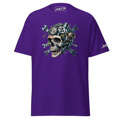 Amp'd Up Custom Skull Mechanic T-Shirt in purple featuring a detailed skull with gears and tools