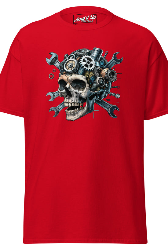 Red Skull Mechanic T-Shirt featuring a detailed skull design with gears and tools