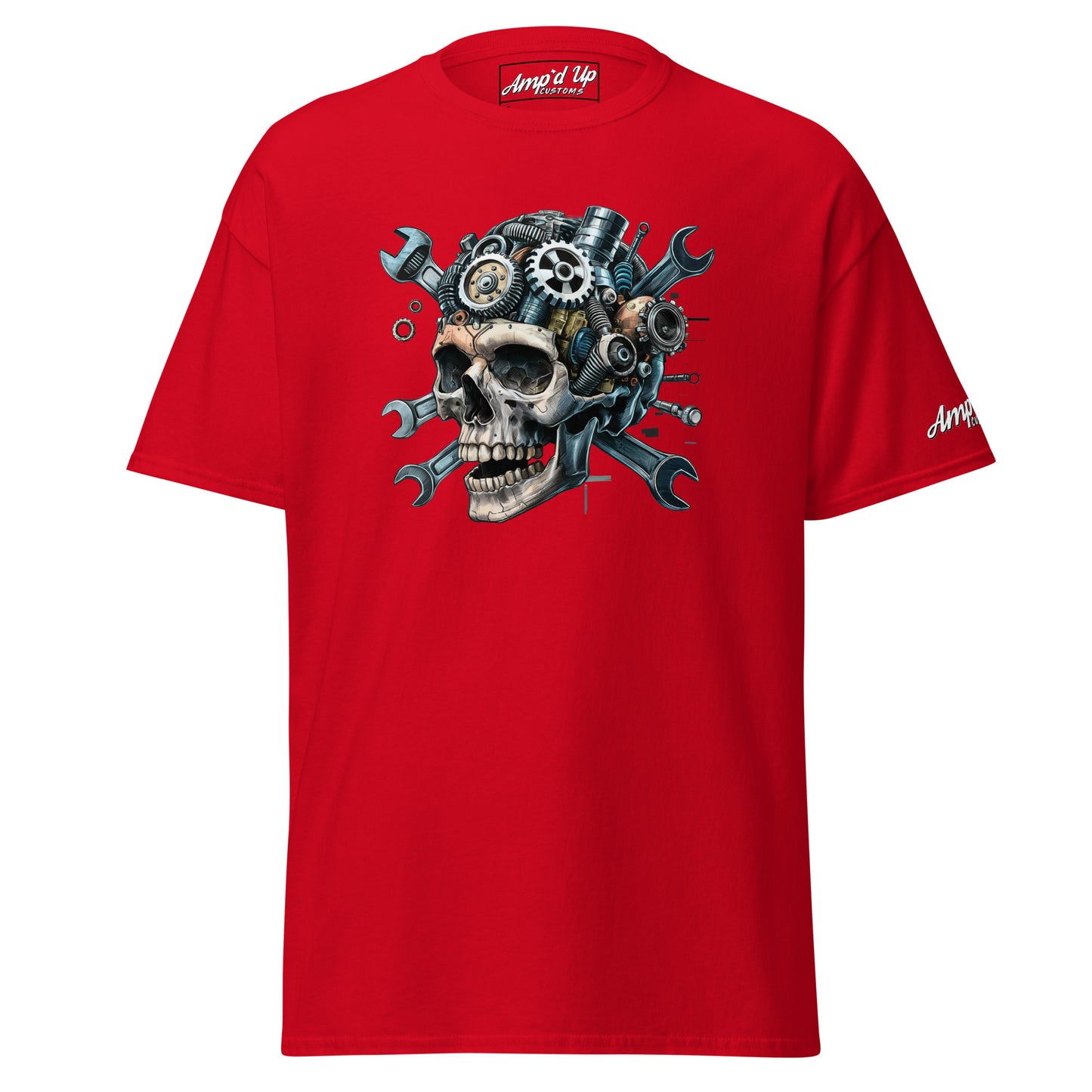 Red Skull Mechanic T-Shirt featuring a detailed skull design with gears and tools