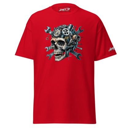 Red Skull Mechanic T-Shirt featuring a detailed skull design with gears and tools