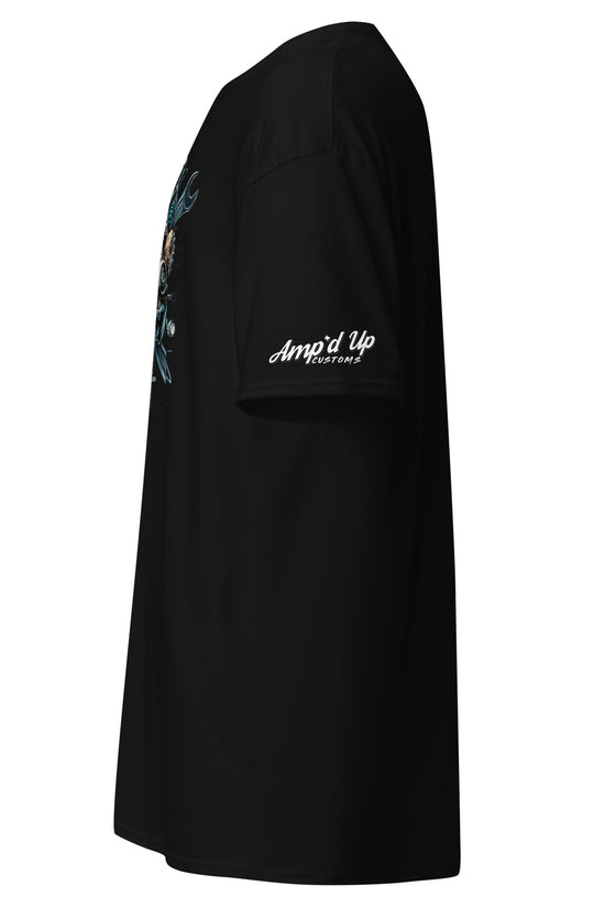Side view of Skull Mechanic T-Shirt in black with vibrant graphic design and Amp'd Up Custom logo