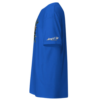 Side view of Skull Mechanic T-Shirt in vibrant blue with unique graphic design