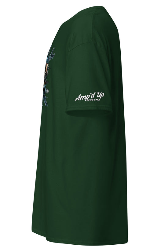 Skull Mechanic T-Shirt by Amp'd Up Custom featuring a bold graphic design on a green background