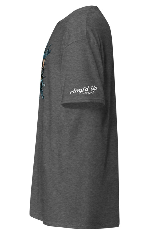 Side view of Skull Mechanic T-Shirt by Amp'd Up Custom in dark gray color