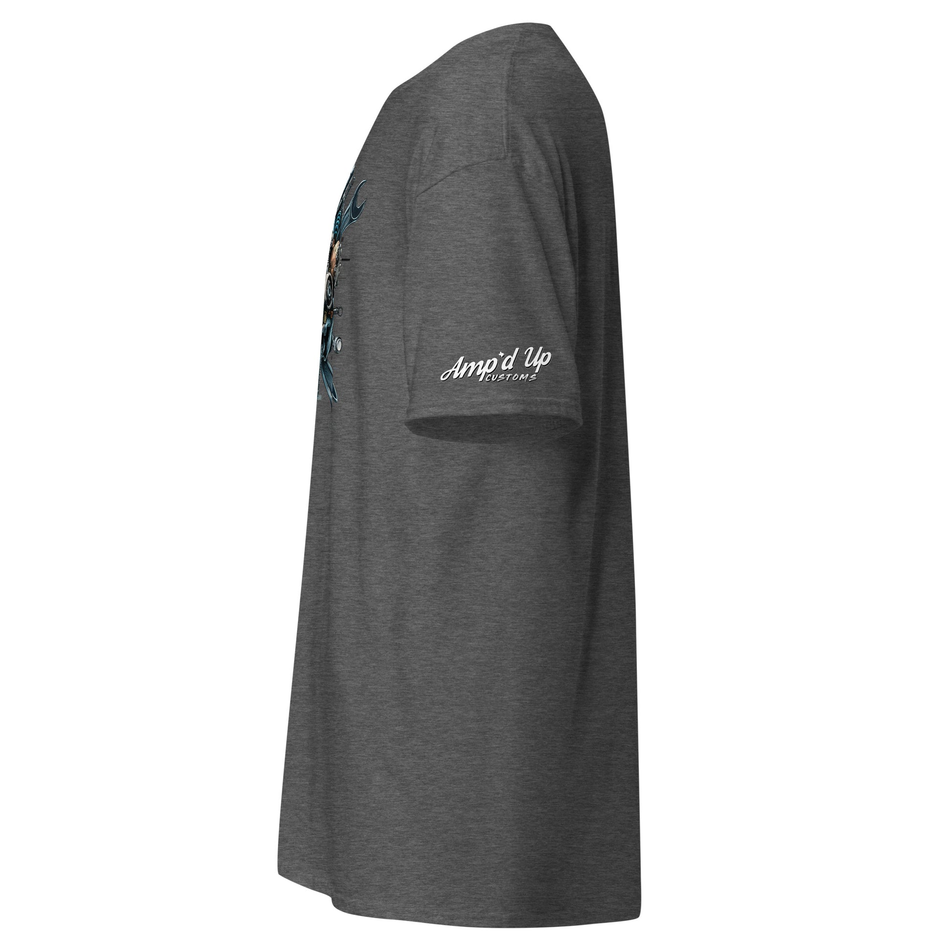 Side view of Skull Mechanic T-Shirt by Amp'd Up Custom in dark gray color