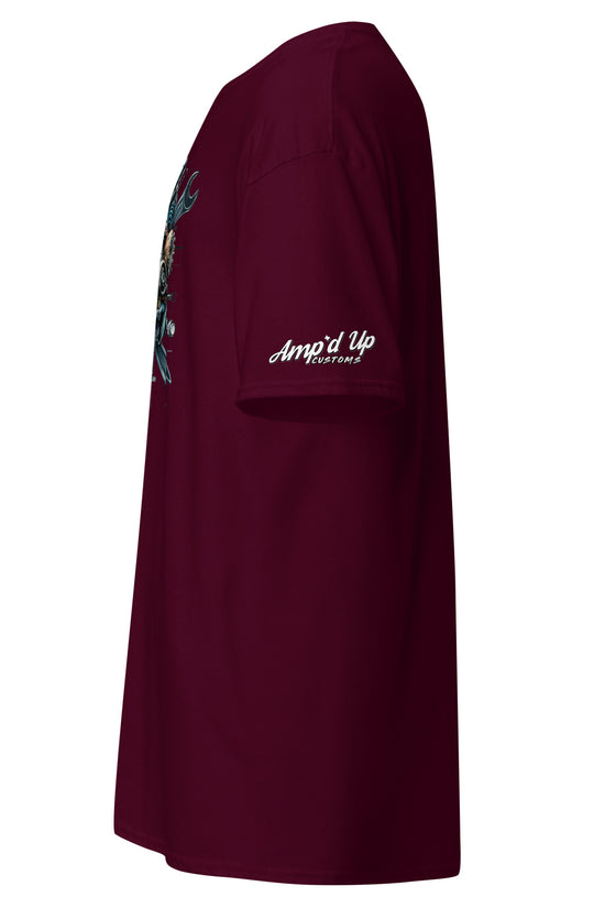 Side view of Skull Mechanic T-Shirt in burgundy featuring a unique design by Amp'd Up Custom