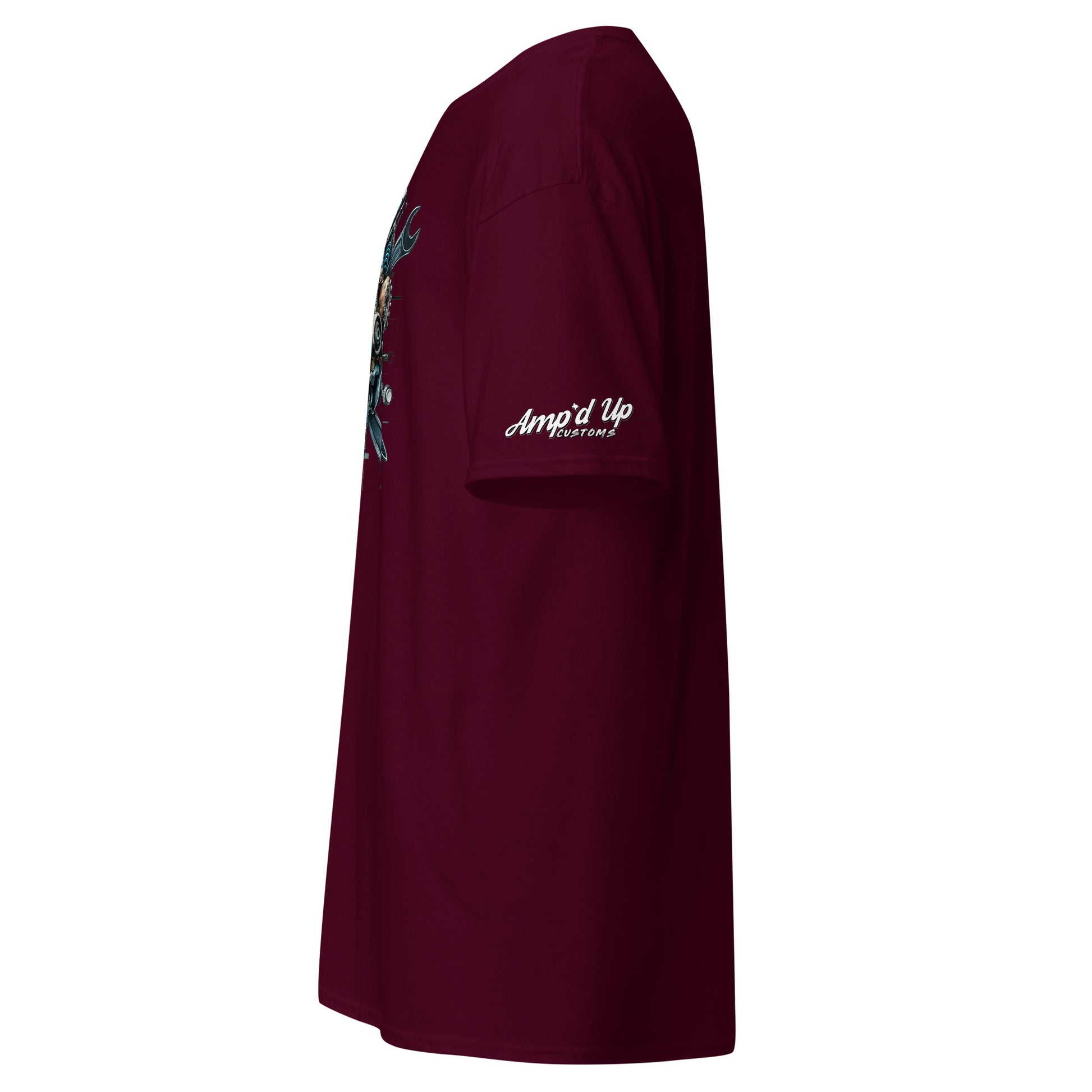 Side view of Skull Mechanic T-Shirt in burgundy featuring a unique design by Amp'd Up Custom