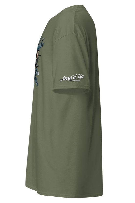 Amp'd Up Custom Skull Mechanic T-Shirt in olive green with graphic print on the front