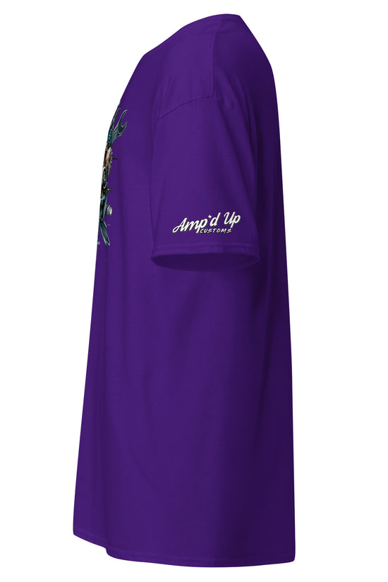 Side view of Skull Mechanic T-Shirt from Amp'd Up Custom in vibrant purple color