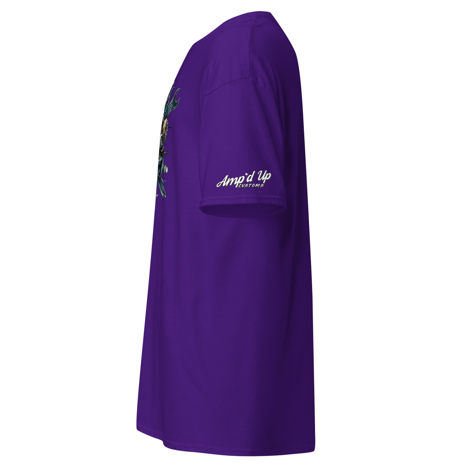 Side view of Skull Mechanic T-Shirt from Amp'd Up Custom in vibrant purple color