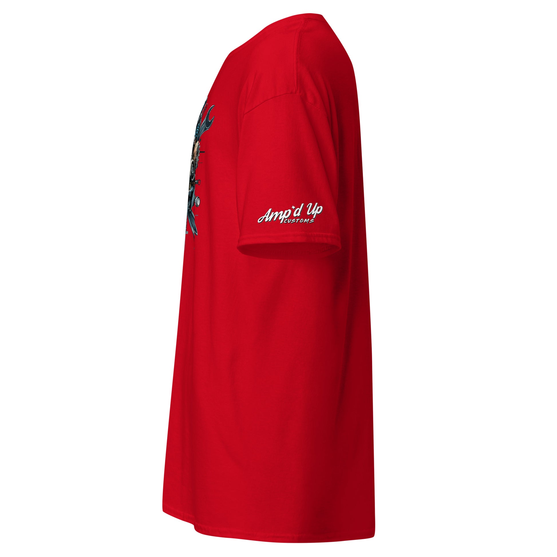 Red Skull Mechanic T-Shirt featuring vibrant graphic design on the front for mechanics and car enthusiasts