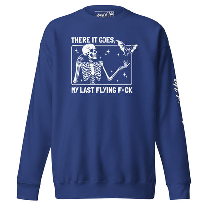 Amp'd Up Custom navy blue sweatshirt with There It Goes My Last Flying F*ck Sweatshirt skeleton and bat graphic