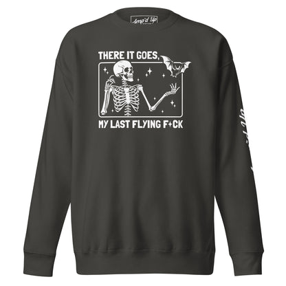 Black sweatshirt by Amp'd Up Custom with skeleton and bat design and There It Goes, My Last Flying F*ck Sweatshirt text
