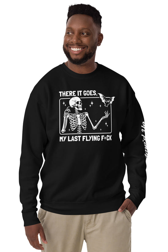 Man wearing black There It Goes My Last Flying F*ck Sweatshirt with skeleton and bat design