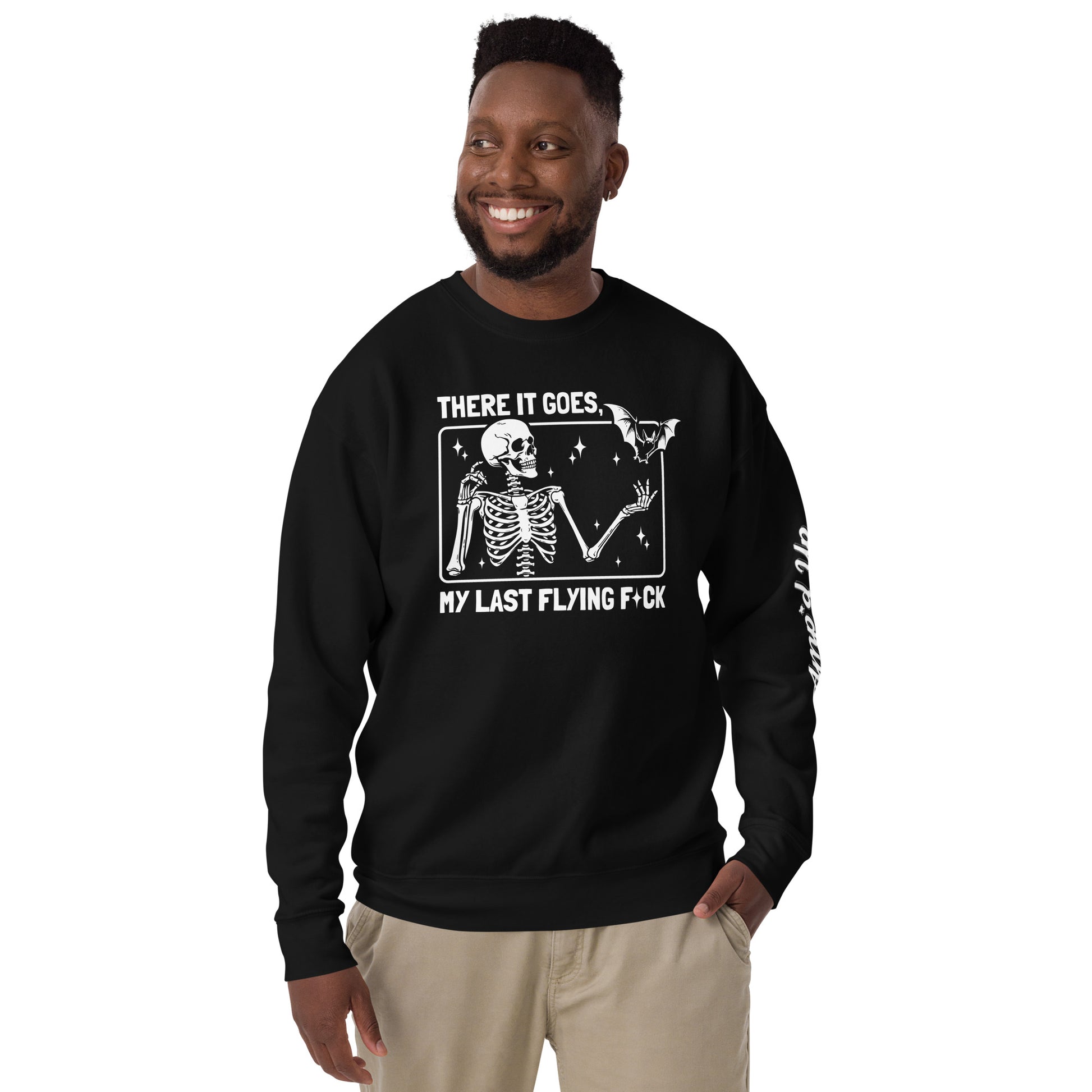 Man wearing black There It Goes My Last Flying F*ck Sweatshirt with skeleton and bat design