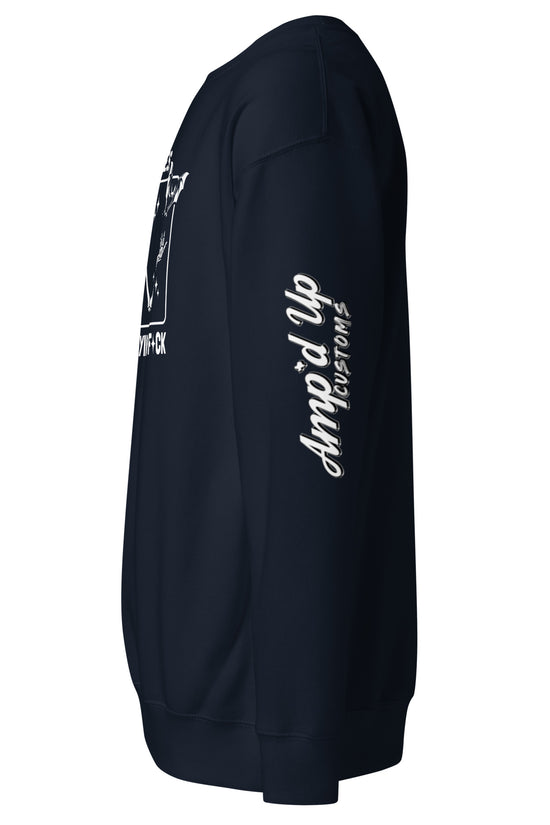 Side view of navy blue Amp'd Up Custom There It Goes, My Last Flying F*ck Sweatshirt with white sleeve logo