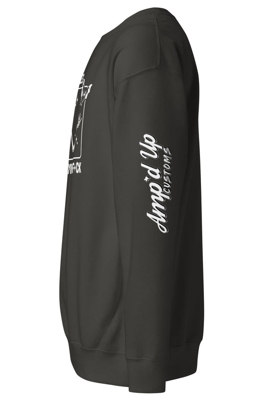 Black sweatshirt side view with Amp'd Up Customs logo and There It Goes My Last Flying F*ck Sweatshirt design